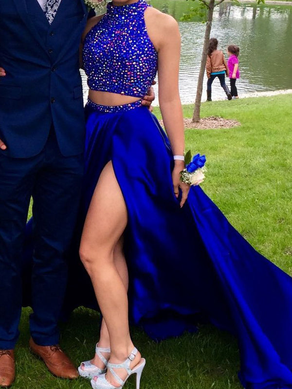 A Line Princess Sleeveless High Neck Satin Beading Long Two Piece Prom Dessiny