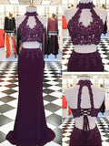 Sheath/Column Halter Appliqued Long Sleeveless Chiffon Two-Piece Prom Dresses