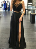 A-Line/Princess Spaghetti Straps Sleeveless Long Chiffon Two-Piece Prom Dresses