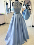 Ball Gown High Neck Sleeveless Long Appliqued Satin Two-Piece Prom Dresses