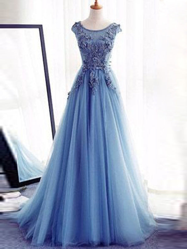 Ball Gown Sleeveless Jewel Long Appliqued Tulle Prom Dresses