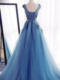 Ball Gown Sleeveless Jewel Long Appliqued Tulle Prom Dresses