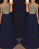 A-Line/Princess Sleeveless Halter Chiffon Beading Long Prom Dresses