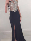 Sheath/Column Sleeveless Halter Beading Long Jersey Prom Dresses