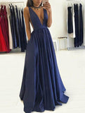 A-Line/Princess V-neck Sleeveless Long Taffeta Prom Dresses