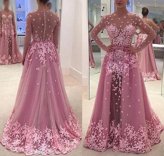 A-Line/Princess Scoop Long Sleeves Appliqued Tulle Long Prom Dresses