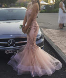 Trumpet/Mermaid Sweetheart Tulle Appliqued Sleeveless Long Prom Dresses