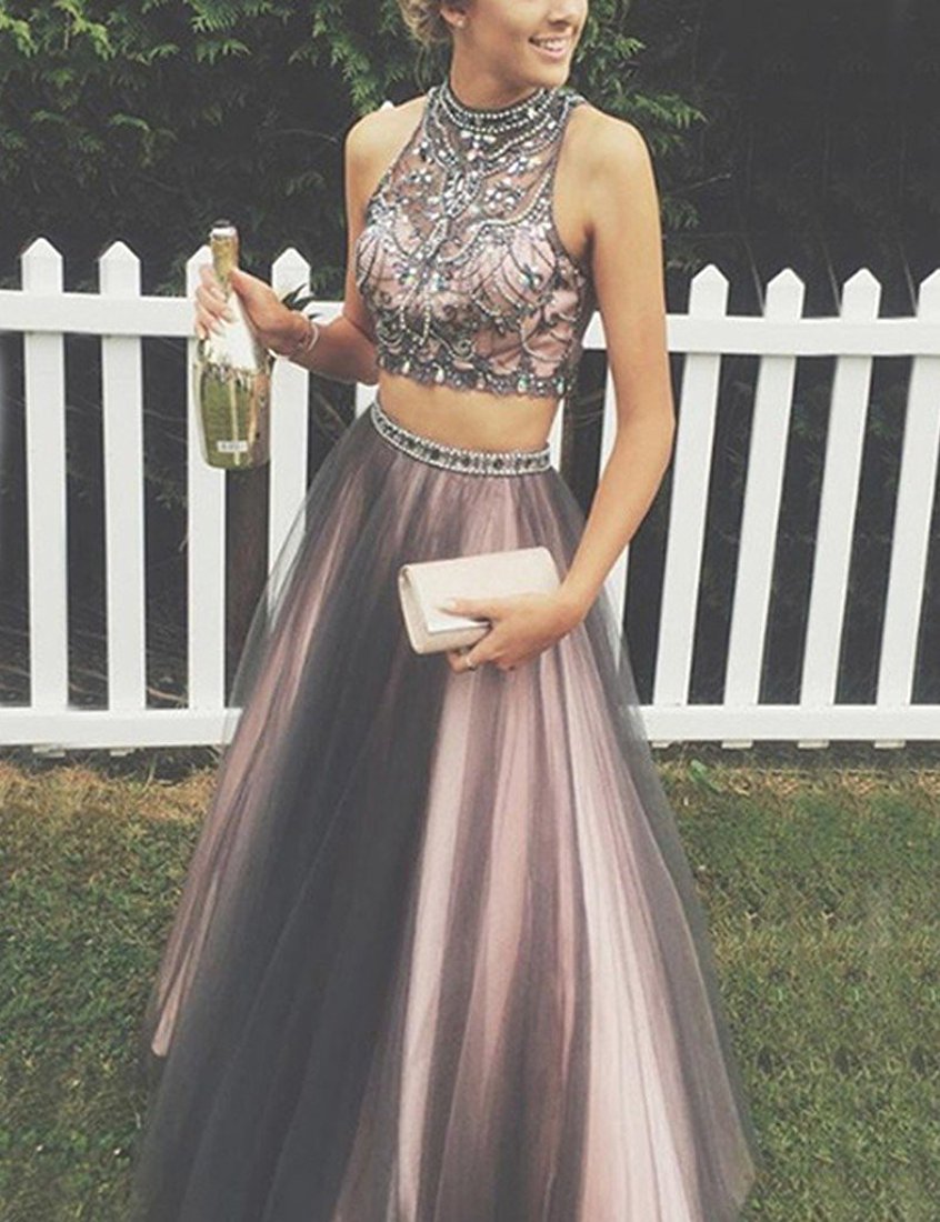 High Neck Tulle Beaded Two-piece Long Prom Dresses