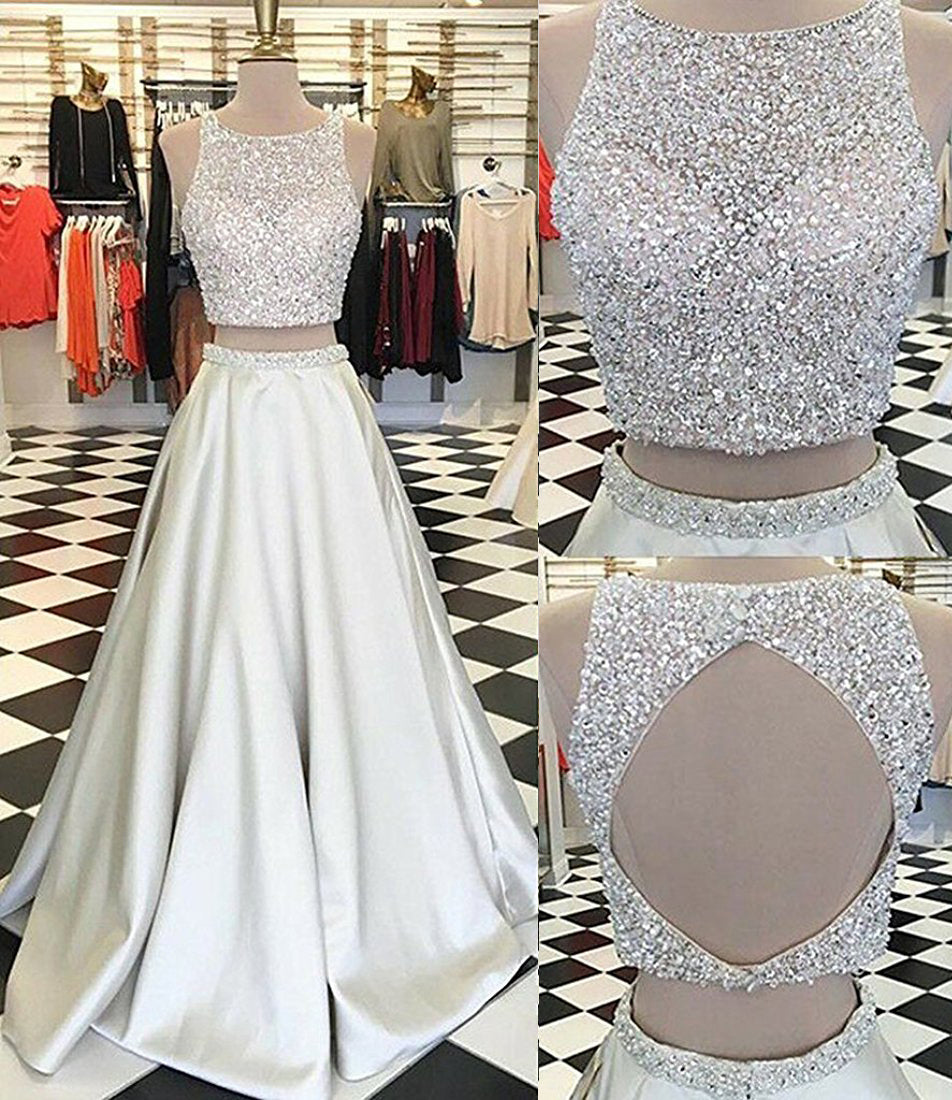 High Neck Satin Beaded Two-piece Long Prom Dresses – Dessiny