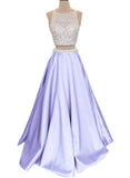 High Neck Satin Beaded Two-piece Long Prom Dresses