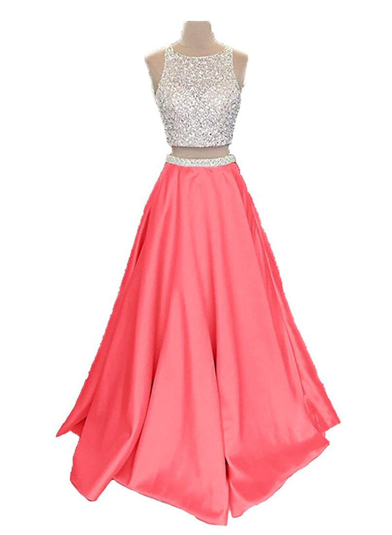 High Neck Satin Beaded Two-piece Long Prom Dresses – Dessiny