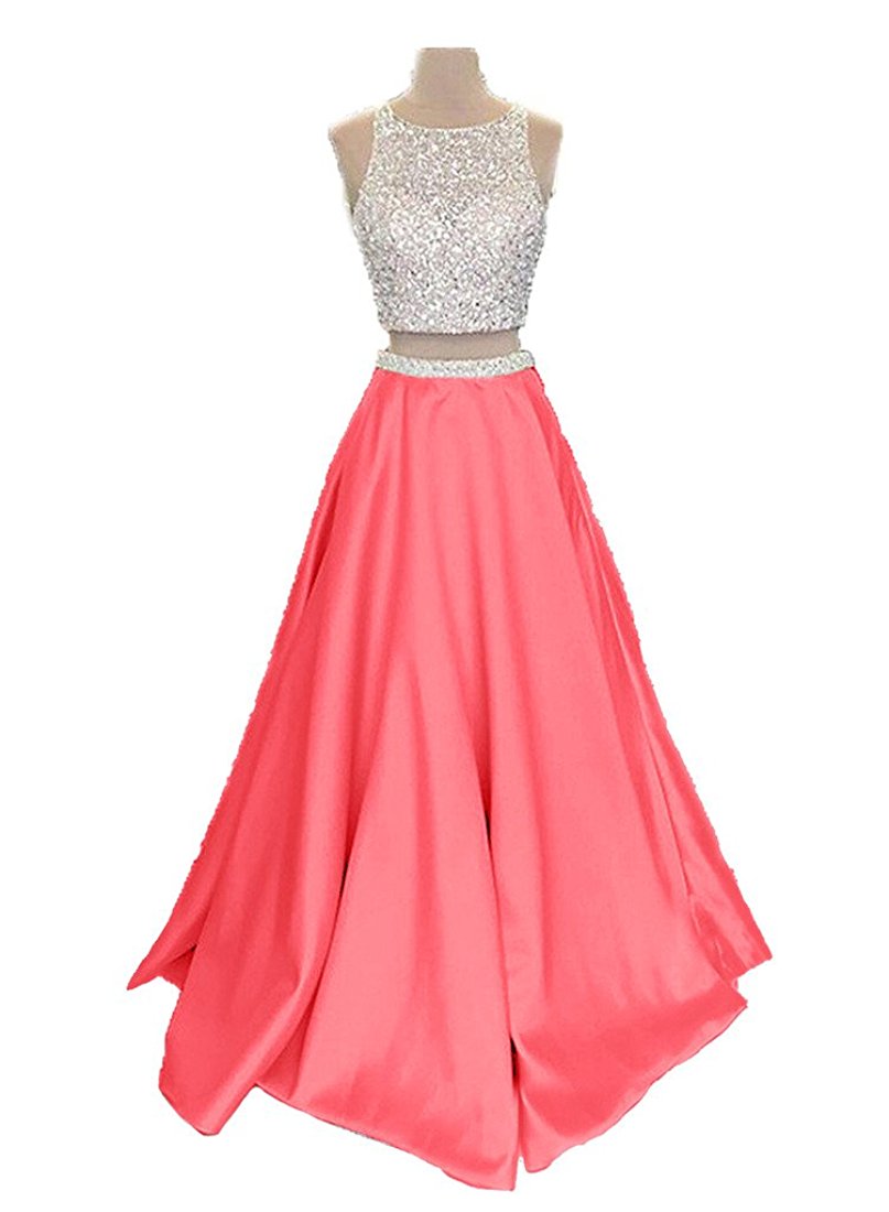 High Neck Satin Beaded Two-piece Long Prom Dresses