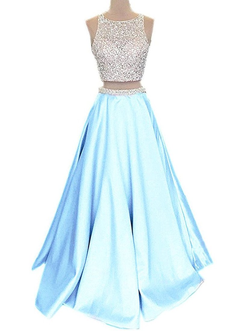 High Neck Satin Beaded Two-piece Long Prom Dresses