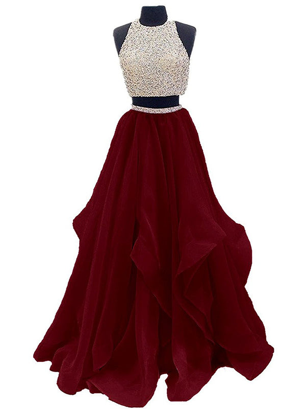 Dessiny Burgundy Two Piece Long Prom Dresses 2023 Organza Beading