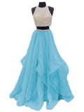 High Neck Beaded Two-piece Organza Long Prom Dresses