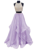 High Neck Beaded Two-piece Organza Long Prom Dresses