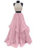 High Neck Beaded Two-piece Organza Long Prom Dresses