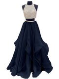 High Neck Beaded Two-piece Organza Long Prom Dresses