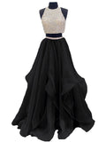 High Neck Beaded Two-piece Organza Long Prom Dresses