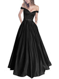 Off-the-Shoulder Beaded Satin Evening Prom Dresses With Pocket