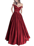 Off-the-Shoulder Beaded Satin Evening Prom Dresses With Pocket