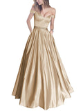 Off-the-Shoulder Beaded Satin Evening Prom Dresses With Pocket