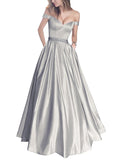 Off-the-Shoulder Beaded Satin Evening Prom Dresses With Pocket