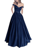 Off-the-Shoulder Beaded Satin Evening Prom Dresses With Pocket