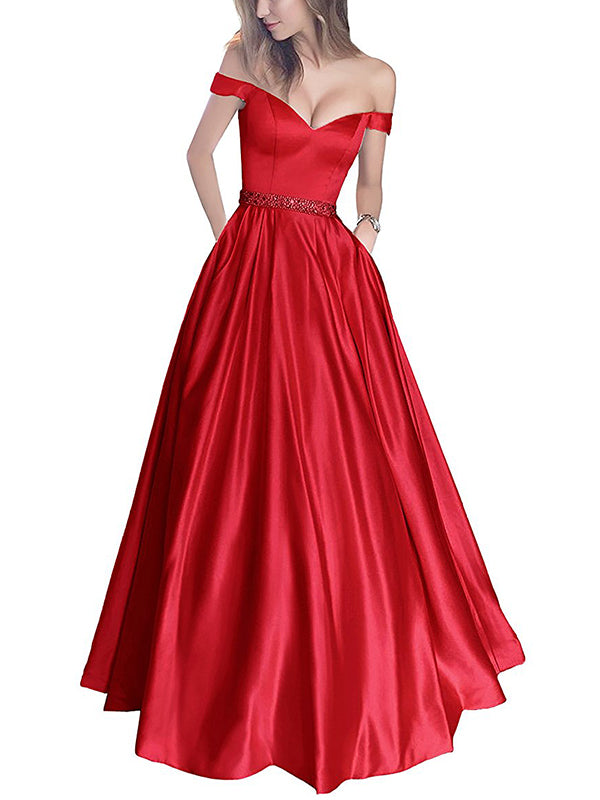 Off-the-Shoulder Beaded Satin Evening Prom Dresses With Pocket