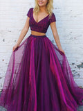 A-Line V-Neck Beading Tulle Two-Piece Long Prom Dresses with Short Sleeves