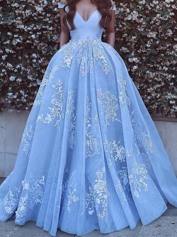 Tulle Sleeveless Off-the-Shoulder Appliqued Ball Gown Prom Dresses