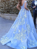 Tulle Sleeveless Off-the-Shoulder Appliqued Ball Gown Prom Dresses