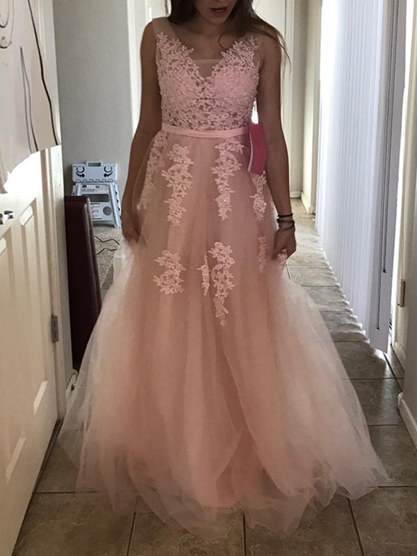 A-line Tulle Long Prom Evening Dresses with Lace Appliques