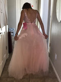 A-line Tulle Long Prom Evening Dresses with Lace Appliques