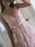 A-line Tulle Long Prom Evening Dresses with Lace Appliques