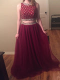 Tulle High Neck Two-Piece Beaded Long Prom Dresses