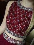 Tulle High Neck Two-Piece Beaded Long Prom Dresses