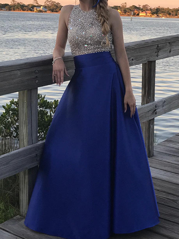 High Neck Beading Satin Long Prom Dresses with Pockets