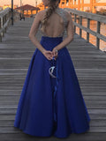 High Neck Beading Satin Long Prom Dresses with Pockets