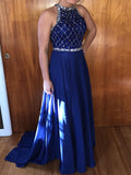 High Neck Beading Sleeveless Chiffon Long Prom Dresses