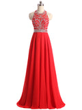 A-line High Neck Beading Sleeveless Chiffon Long Prom Dresses
