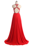 A-line High Neck Beading Sleeveless Chiffon Long Prom Dresses