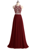 A-line High Neck Beading Sleeveless Chiffon Long Prom Dresses
