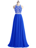 A-line High Neck Beading Sleeveless Chiffon Long Prom Dresses