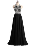 A-line High Neck Beading Sleeveless Chiffon Long Prom Dresses
