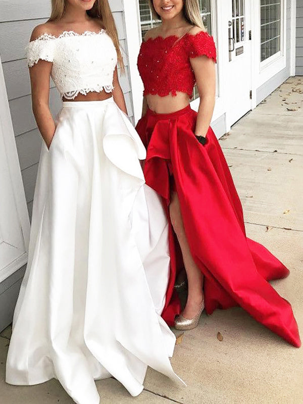 Two-Piece Satin Long Prom Dresses with Lace Appliques