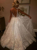 A-line V-Neck Sequined Tulle Long Evening Dresses