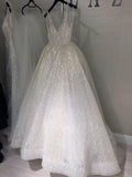 A-line V-Neck Sequined Tulle Long Evening Dresses