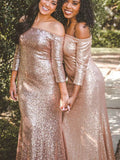 Sheath/Column Off-the-Shoulder 3/4 Sleeves Floor-Length Sequins Bridesmaid Dresses