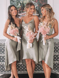 Sheath/Column Spaghetti Straps Ruched Sleeveless Tea-Length Satin Bridesmaid Dresses